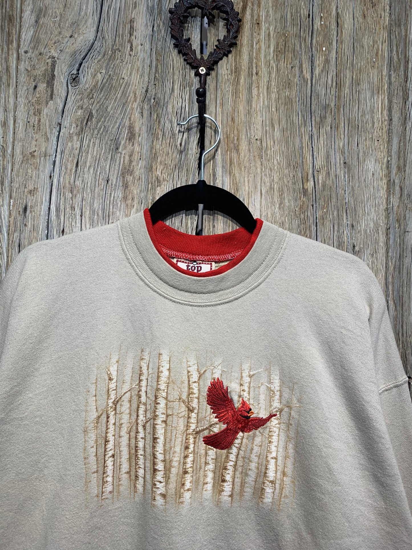 Vintage Beige Embroidered Bird Sweatshirt
